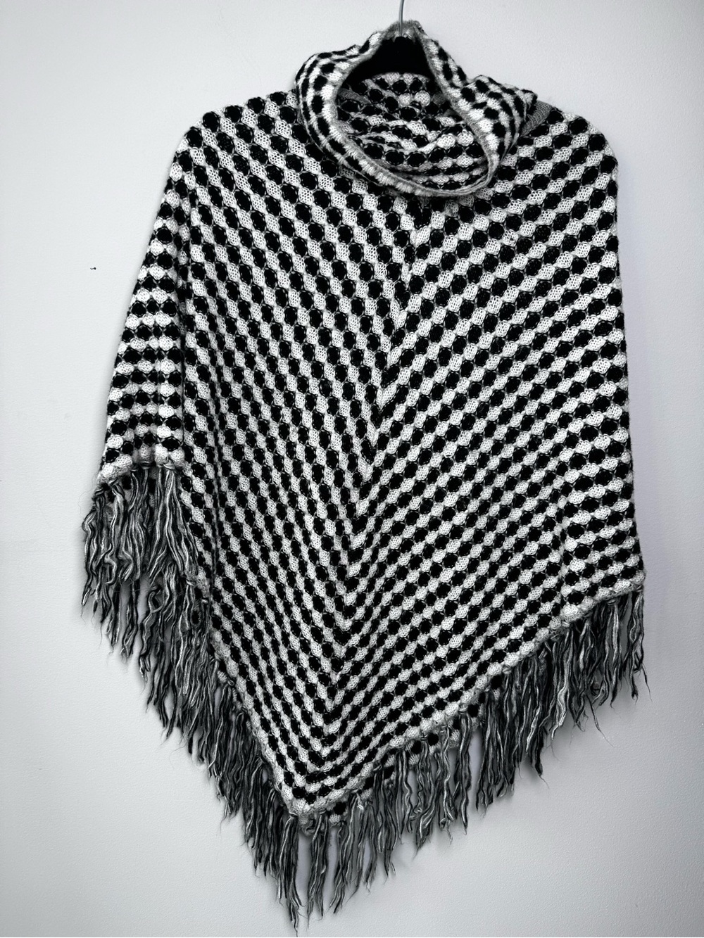 Black & White Geometric Knit Cowl Neck Fringe Poncho One Size Fits Most